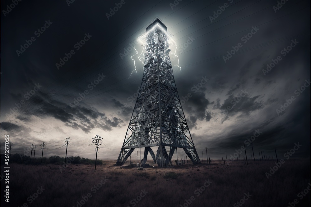 Poster a tower with a lightning bolt coming out of it's side in a field with power lines and telephone pole