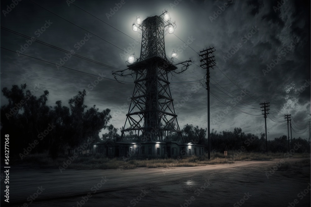 Poster a dark picture of a tower with lights on it at night time with a dark sky and clouds behind it and a