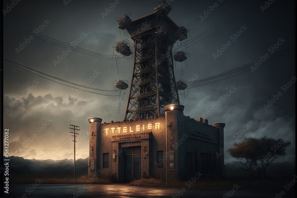 Poster a building with a tower on top of it with a sign that says ittleia on it and a light on the top of i