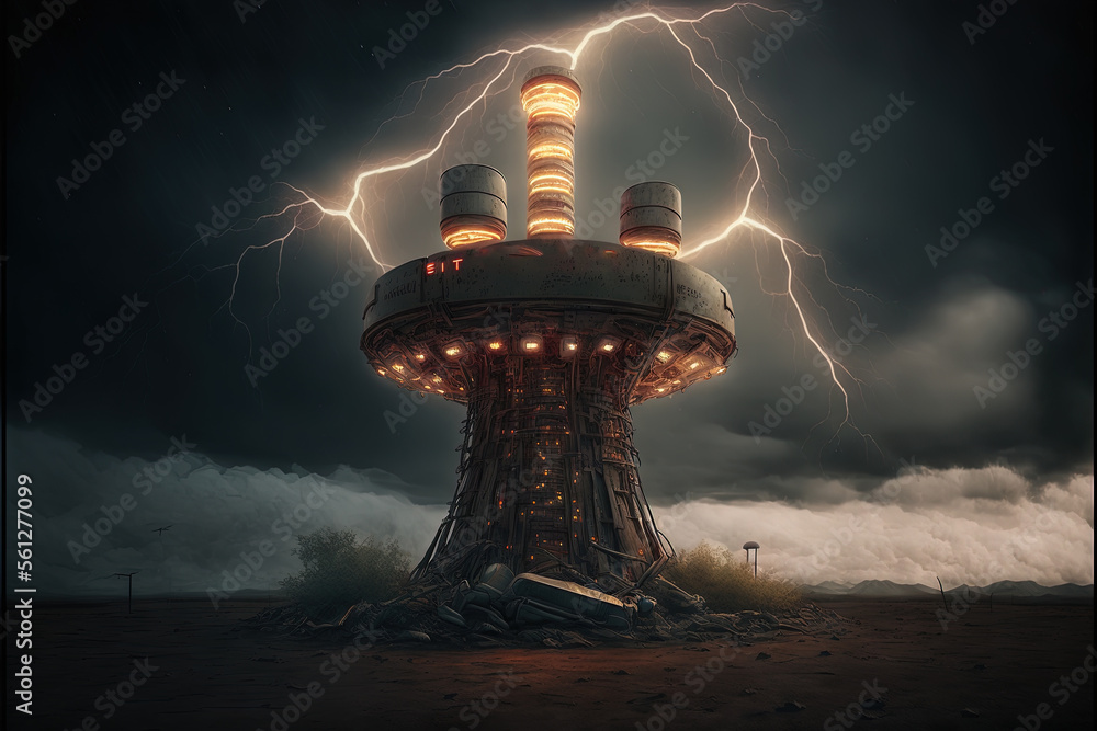 Poster a large tower with a lot of lights on it's side and a lot of lightning in the sky above it and a lot