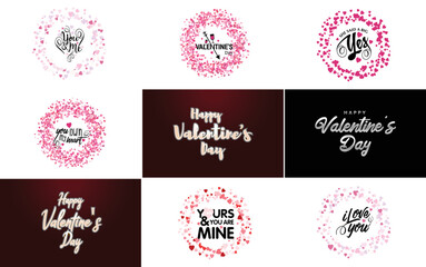 Fototapeta na wymiar Happy Valentine's Day greeting background in papercut realistic style paper clouds. flying realistic heart on string; pink banner party invitation template; calligraphy words text sign on copy space