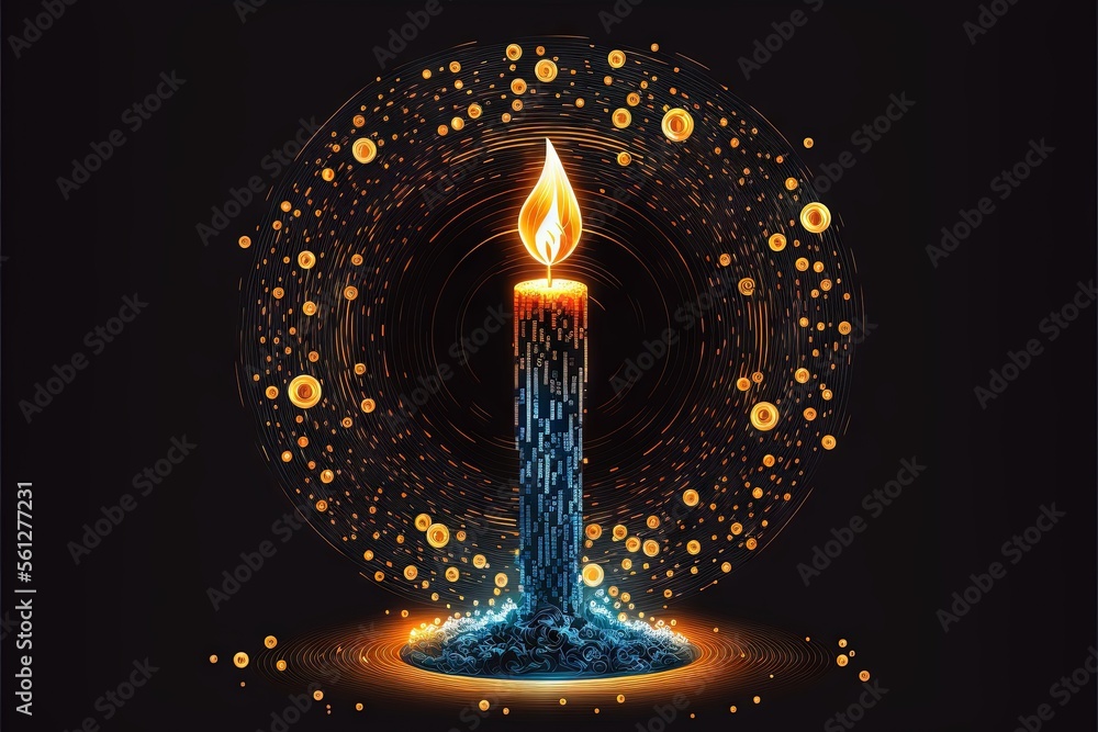 Poster a lit candle with a black background and circles around it with gold dots around it and a black back