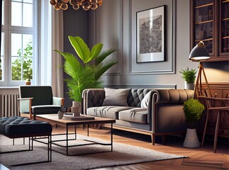 modern living room with a variety of furniture, lighting, plant and decoration made with generative ai, luxury, elegant