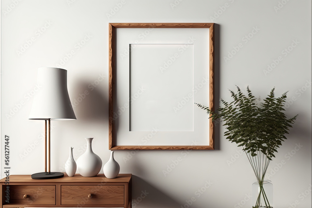 Poster a picture frame hanging on a wall above a table with a vase and a lamp on it and a plant in a vase o
