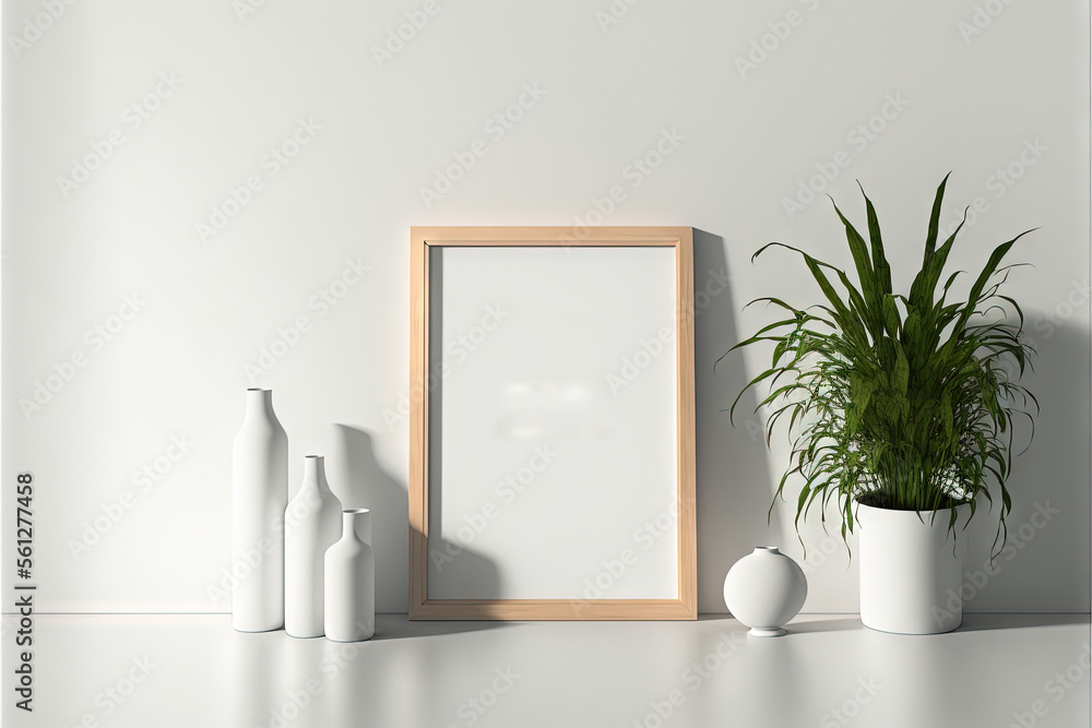 Poster a picture frame and vases on a table with a plant in it and a picture frame on the wall above it wit
