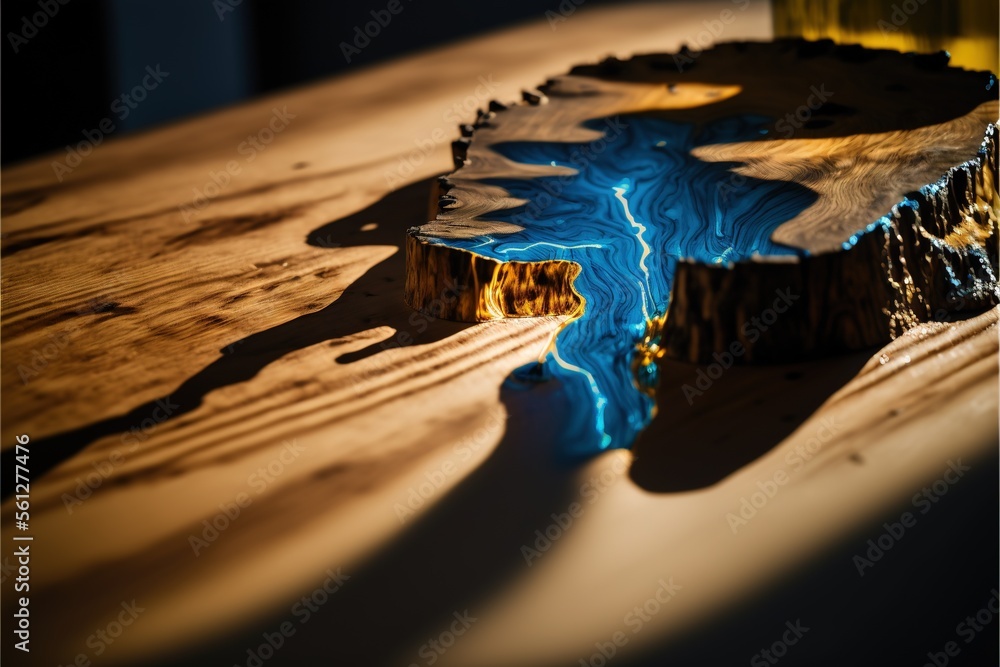 Poster a wooden table with a blue and yellow design on it and a bottle of wine on the table next to it and 