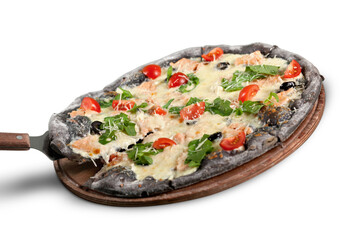 Black Pizza with Tomatoes, Cheese and Basil