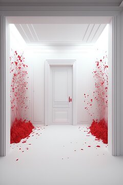  A Room With A Door And A Bunch Of Red Flowers On The Floor And A Door Way To The Room With A Door And A Red Carpet On The Floor Is A White Wall With A Red., Generative Ai