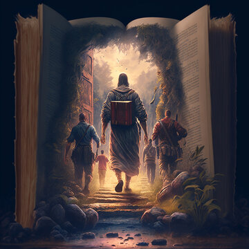 imagine walking into a bible story. Open book with biblical people walking in pages