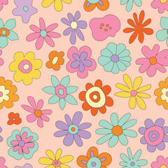 Fototapeta na wymiar Groovy Flower Retro Seamless Pattern. Psychedelic Doodle Wavy Daisy Background in Trendy 1970s Hippie Style. Colorful Trippy Flower Print for Fabric, Wrapping Paper, Web Design, Poster. Cute wallpaper