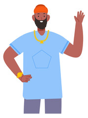 Happy man with greeting gesture. Guy waving hand