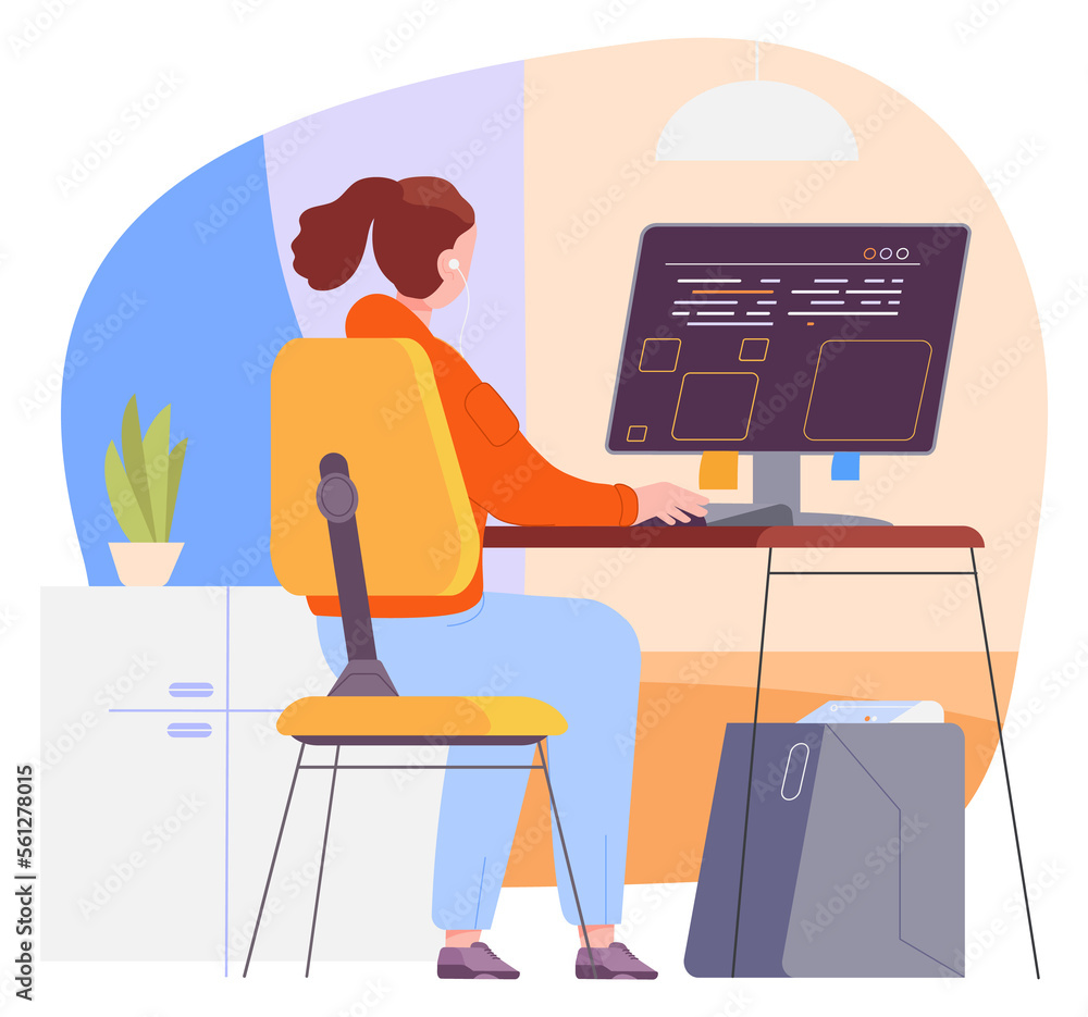 Poster female programmer working on computer. freelancer workplace