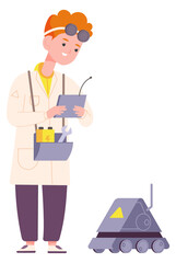 Kid engineer with robot. Boy testing space rover bot