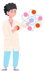 Kid studying atomic model. Scientist boy learn physics