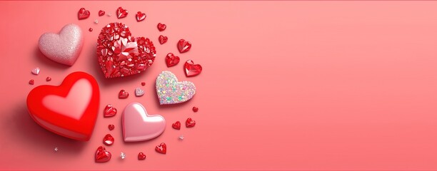 Gleaming 3D Heart, Diamond, and Crystal Illustration for Valentine's Day Banner