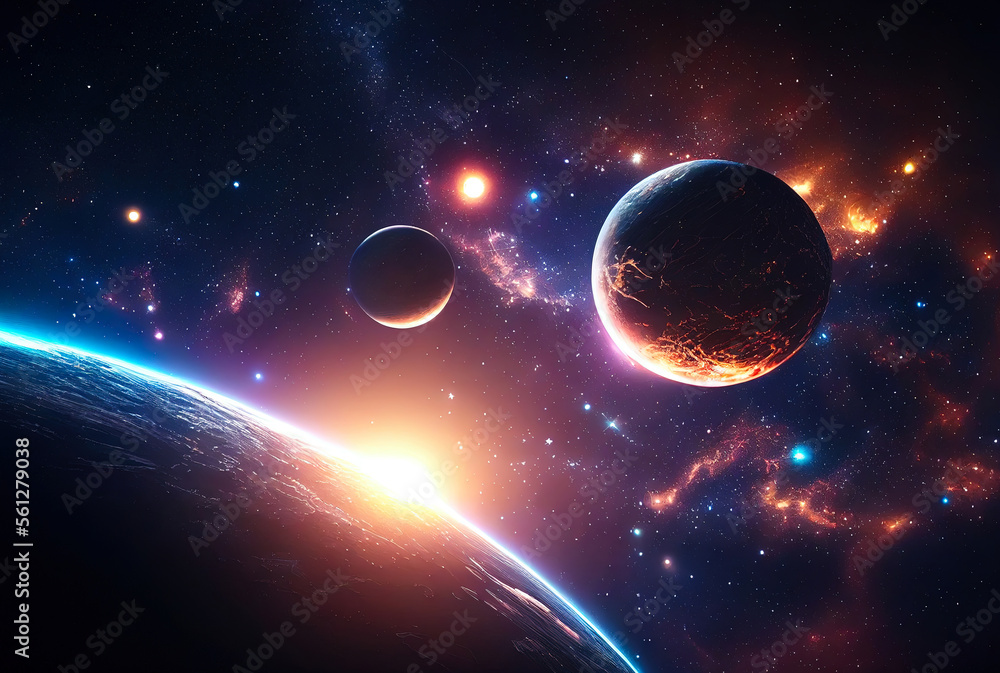 Canvas Prints abstract space landscape with planets and flashes of stars and comets in blue and red colors