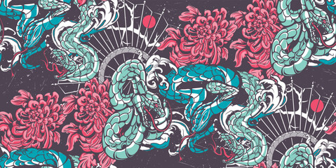 Color vintage seamless background with a snakes, japan chrysanthemums in tattoo style. Ideal for printing onto fabric and decorationColor vintage seamless background with a snakes, japan chrysanthemum
