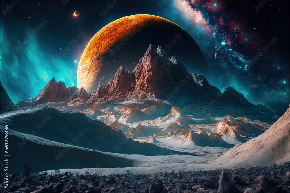 Poster a painting of a mountain range with a red moon in the sky and a distant star in the distance with a 