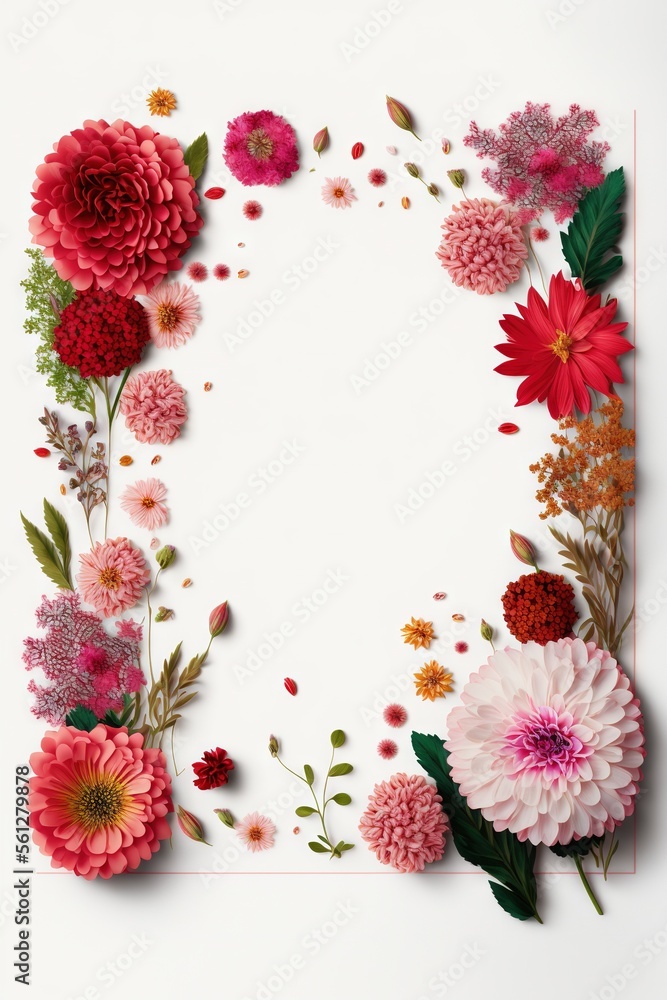 Poster a white background with a bunch of flowers on it and a white frame with a red flower on it and a gre
