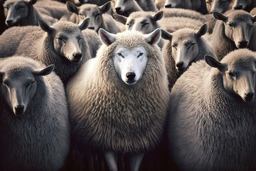 Wolf in sheep's clothing in the middle of flock of sheep. Generative AI Illustration