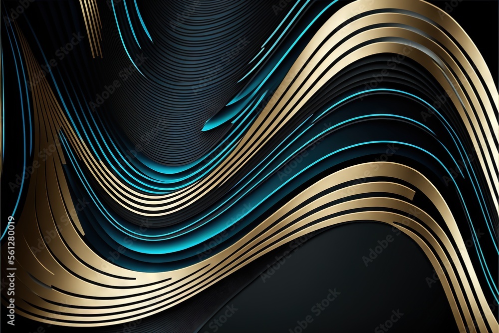 Aufkleber a black and gold abstract background with wavy lines and curves in the center of the image, with a b