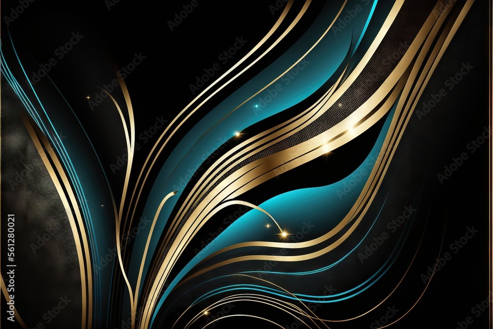 Poster a black and gold abstract background with a blue and gold swirl design on it's side and a gold frame