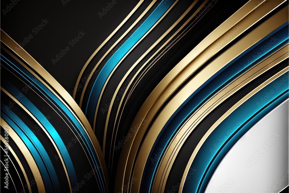 Poster a black and gold background with a blue stripe design on it's side and a white circle in the middle 