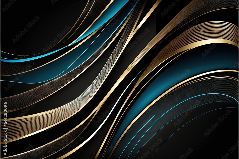 Poster a black and gold abstract background with blue and gold lines and curves on the bottom of the image 