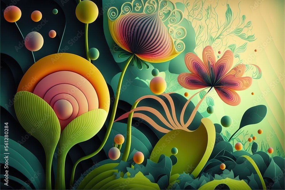 Poster a painting of flowers and plants with a swirly background and a sun in the middle of the picture, wi