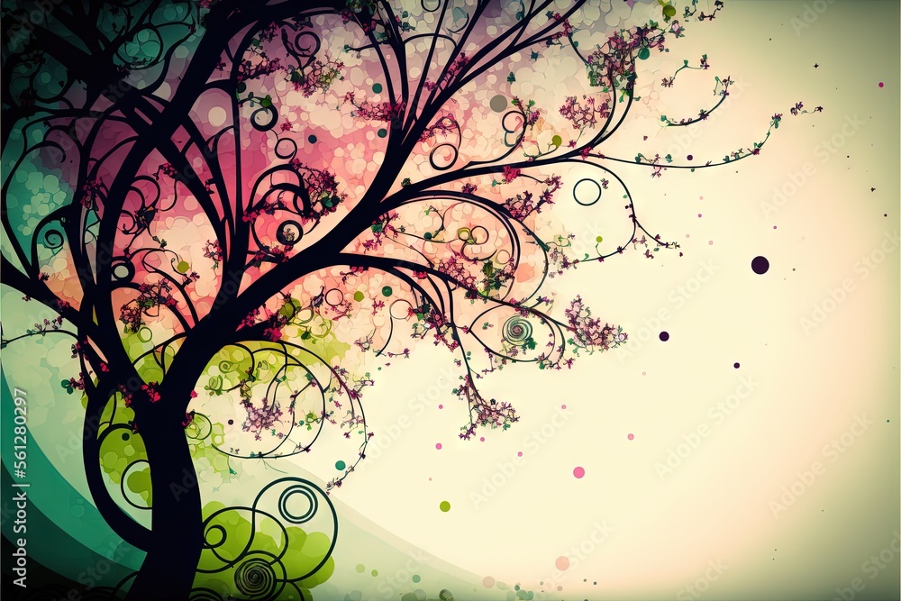 Aufkleber a tree with a lot of leaves and flowers on it's branches and a sky background with circles and dots 