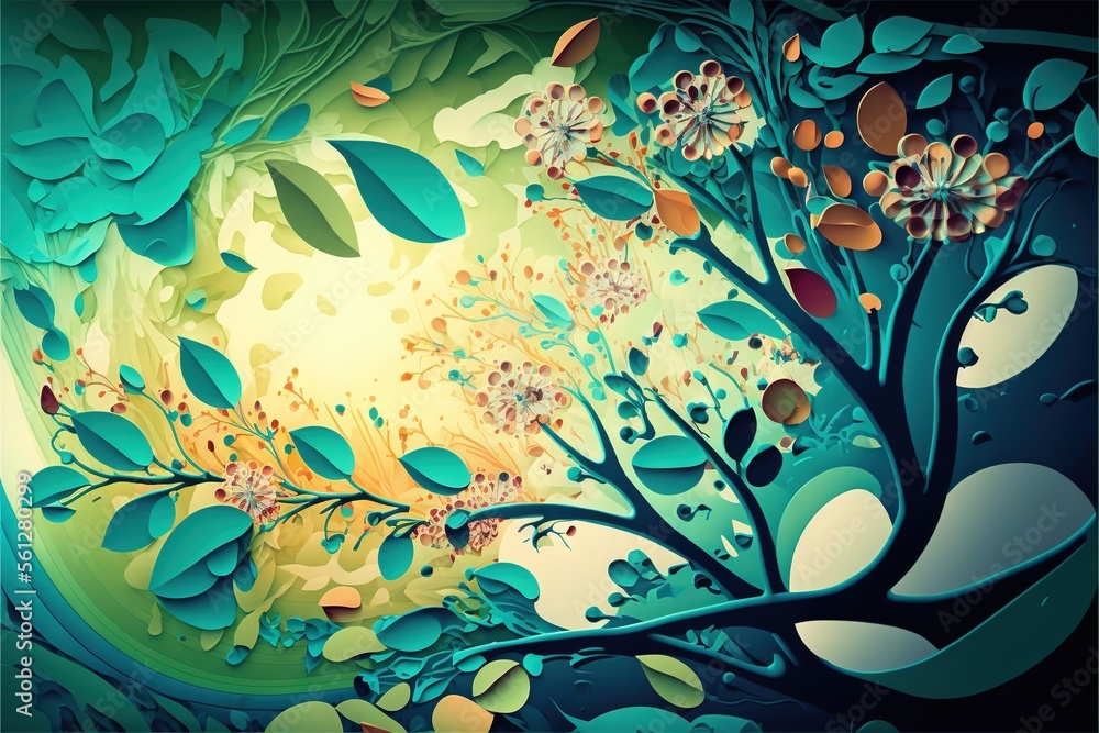 Poster a painting of a tree with lots of leaves and flowers on it's branches and a yellow light in the back