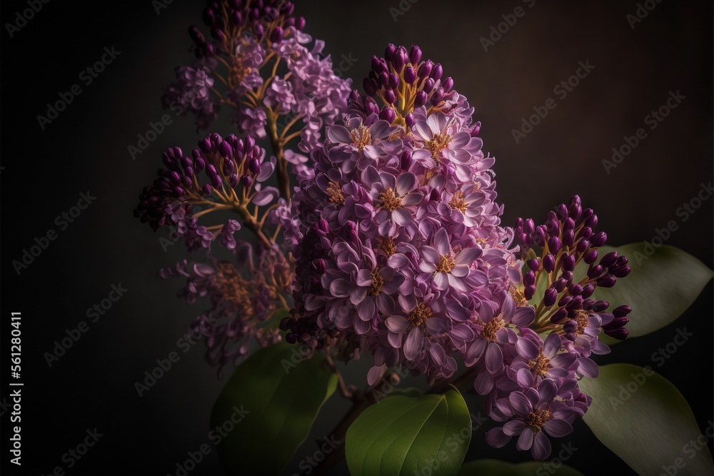 Poster a bouquet of purple flowers with green leaves on a black background with a dark background behind it