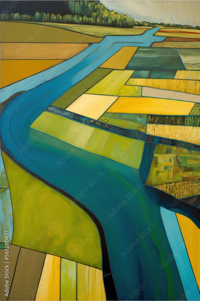 Poster a painting of a river running through a field of grass and trees in the distance, with a sky backgro