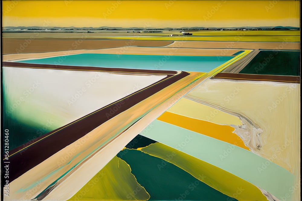 Poster a painting of a landscape with a yellow sky in the background and a green field in the foreground wi