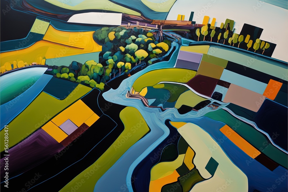 Poster a painting of a landscape with a river and trees in the background and a train on the tracks in the 