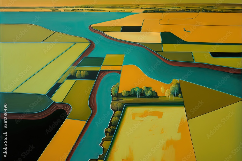 Poster  a painting of a river and a yellow field with trees and grass in the background and a yellow sky above it and a river running through the center of the picture is a yellow area., generative ai