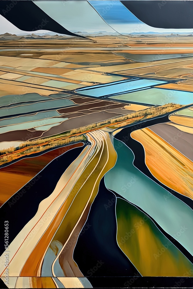 Poster a painting of a river running through a field of grass and landforms with a sky background and a bla