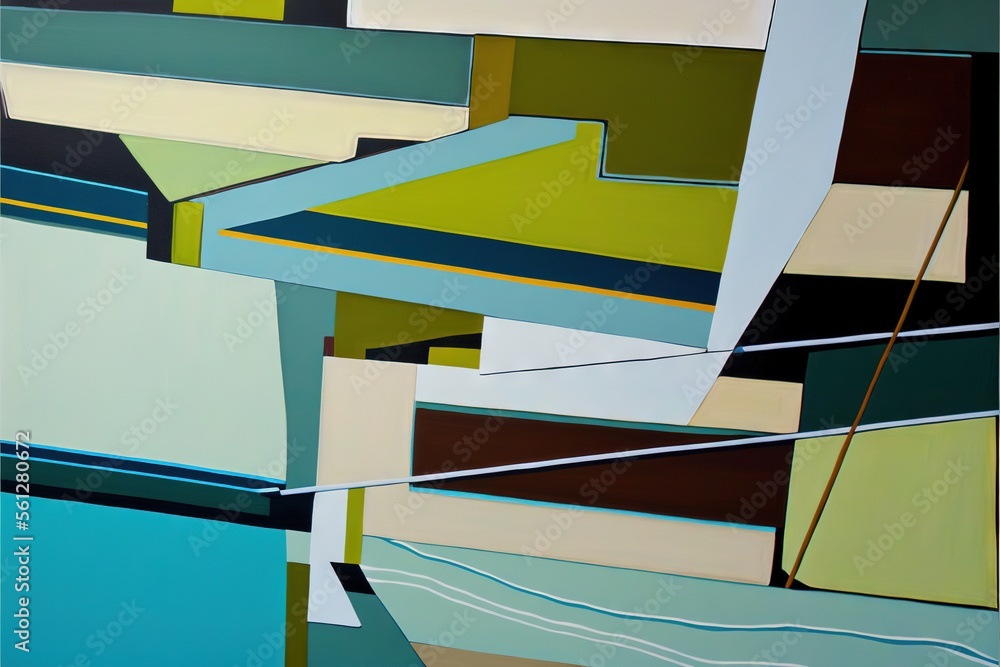Aufkleber a painting of a bunch of different colors and shapes of books on a string and a blue background with