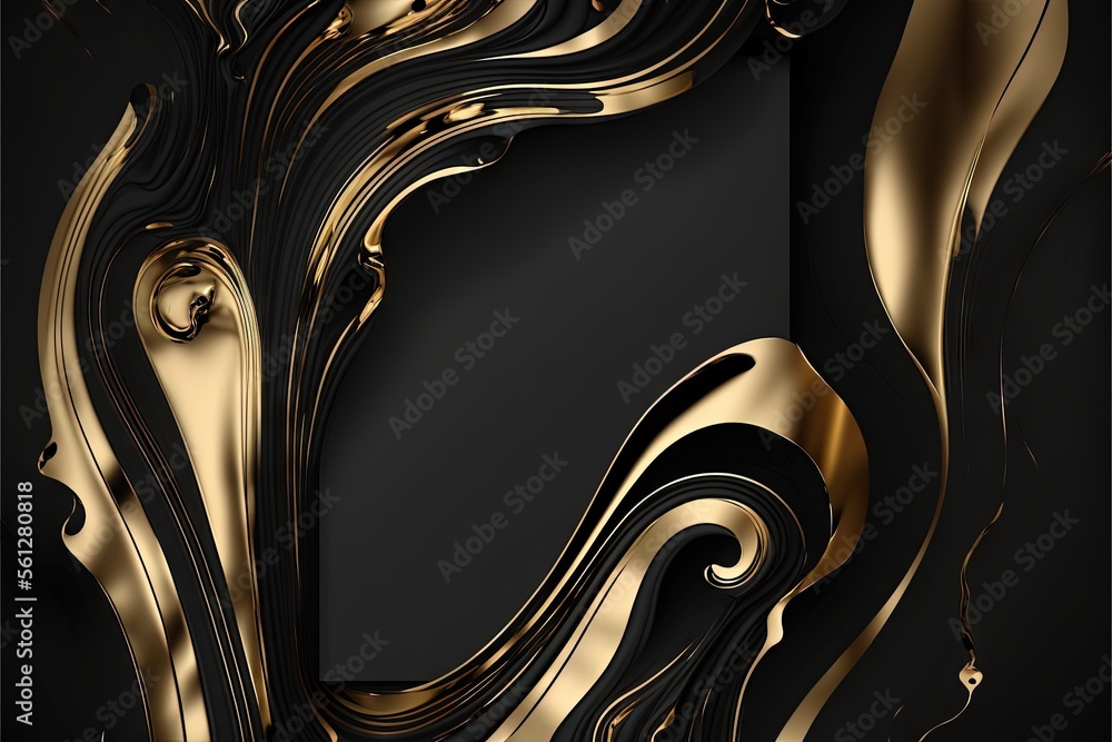 Poster a black and gold background with a swirly design on it's side and a black background with a gold swi