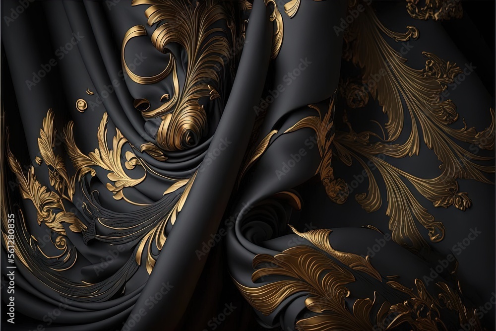 Poster a black and gold wallpaper with a large pattern of leaves and flowers on it's side and a black backg