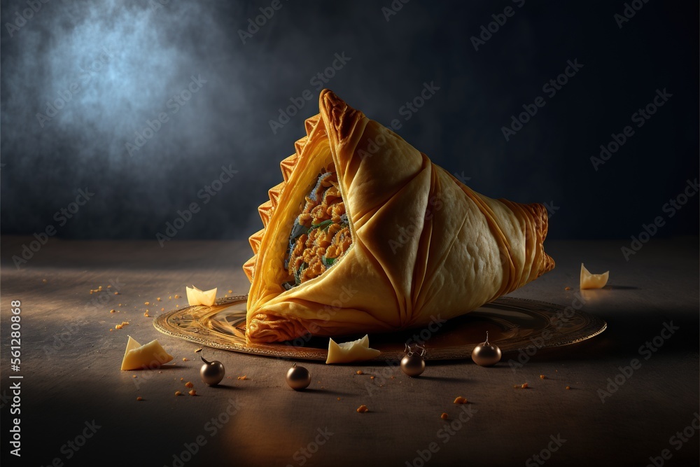 Poster  a large piece of food on a plate with a bite taken out of it and scattered with nuts and other food items on a table with a dark background with a few lights and a., generative ai