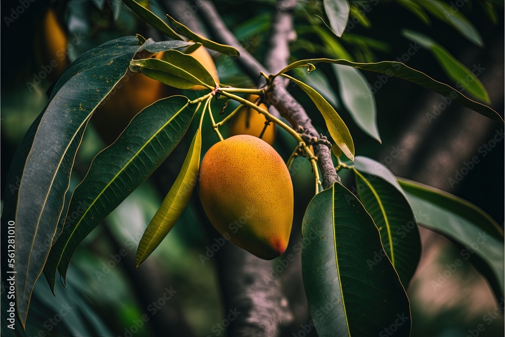 Aufkleber a mango tree with two mangoes hanging from it's branches and leaves on the tree, with a blurred back