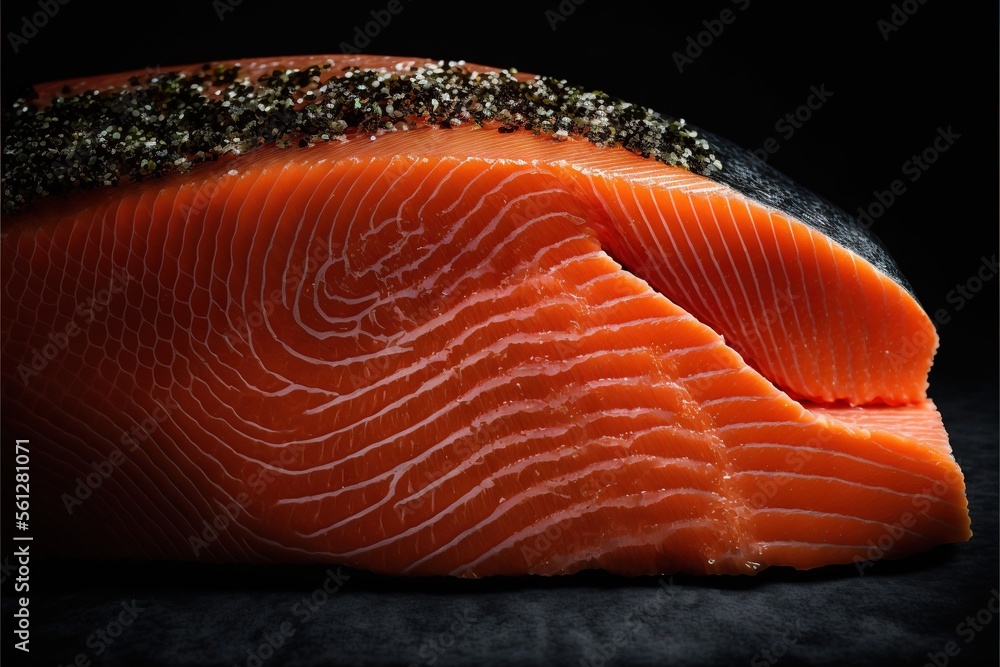 Poster a piece of salmon with seasoning on it on a black surface with a black background and a black backgr