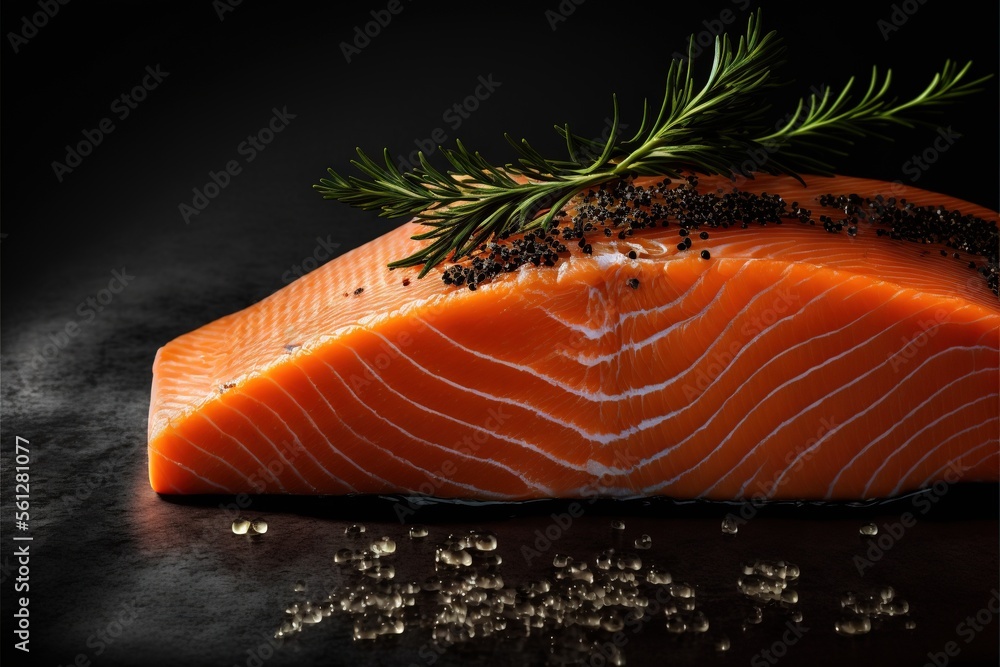 Poster a piece of salmon with a sprig of rosemary on top of it and seasoning on the side of it on a black s