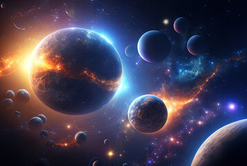 illustration on the theme of life in space with super bright colors and planets and stars