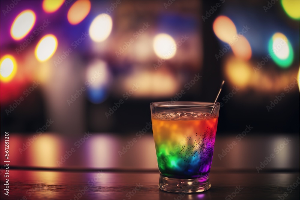 Poster a glass of liquid with a spoon in it on a table with blurry lights in the background and a blurry ba
