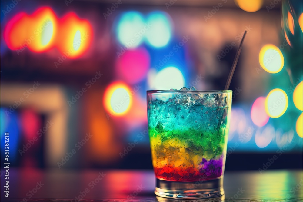 Poster a rainbow drink with a straw in a glass on a table with blurry lights in the background of the image