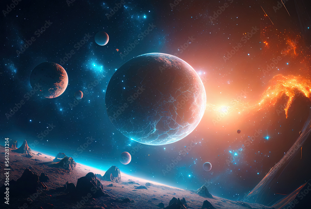 Poster abstract illustration of the cosmos on the theme of the origin of life in the universe with stars, c