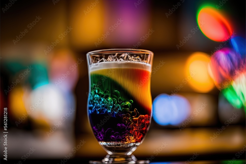 Poster a glass of liquid with a rainbow in it on a table with a blurry background of lights and a televisio
