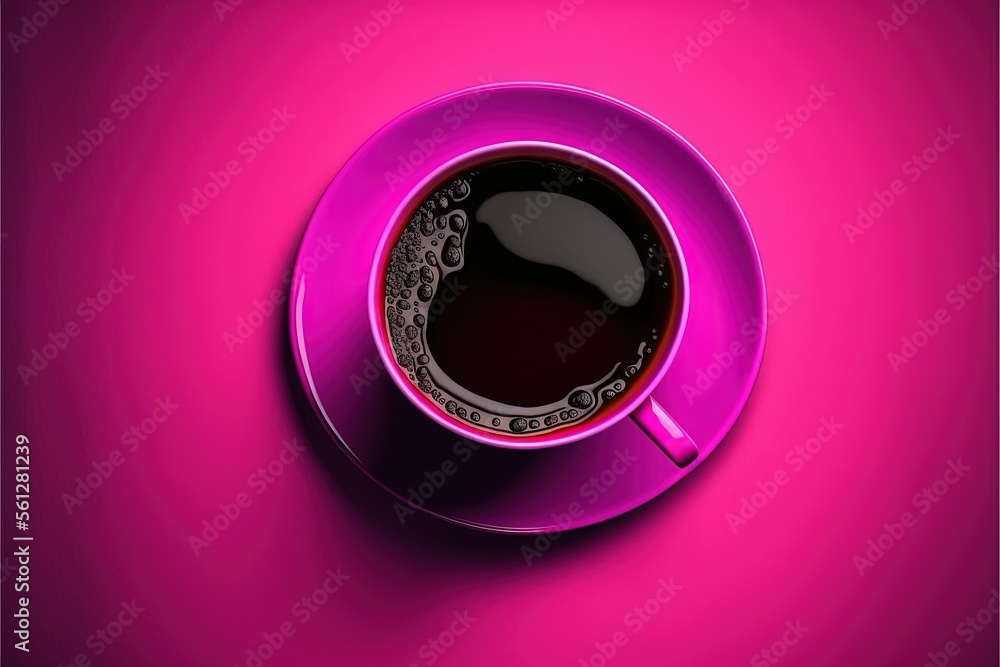 Poster a cup of coffee on a pink background with a black handle and a black rim on the top of the cup is a 